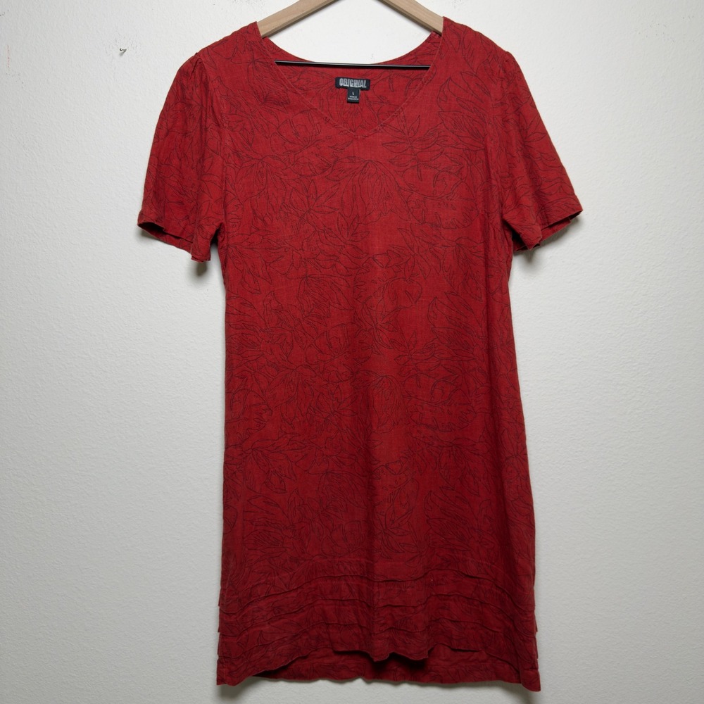 Nicole‎ Miller Women Linen Dress Large Burnt Orange Floral Tropical Short Sleeve